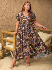 Plus Size V-Neck Short Sleeve Midi Dress 