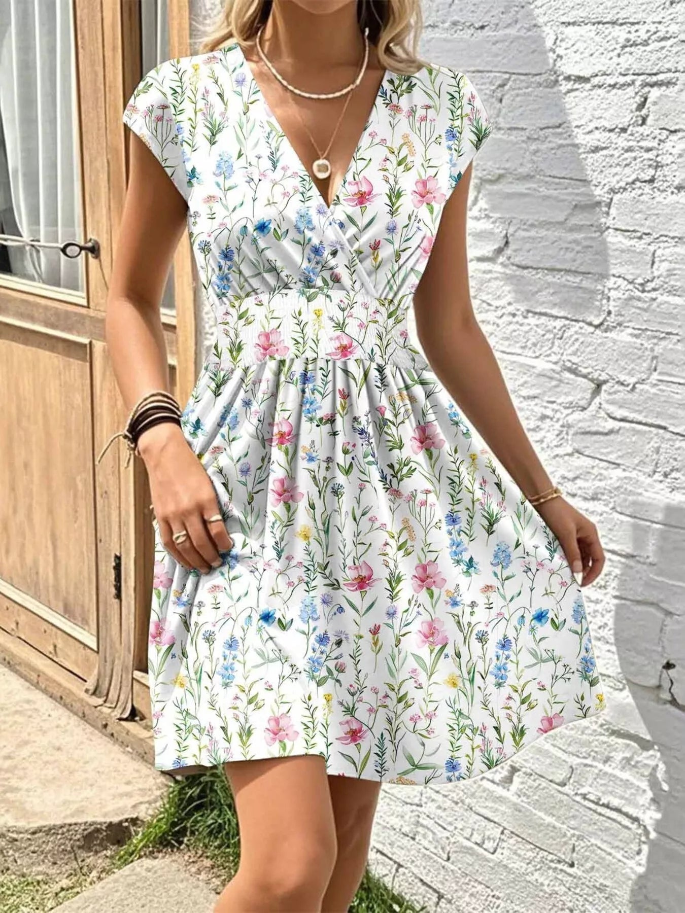 Floral Print Surplice Mini Dress 