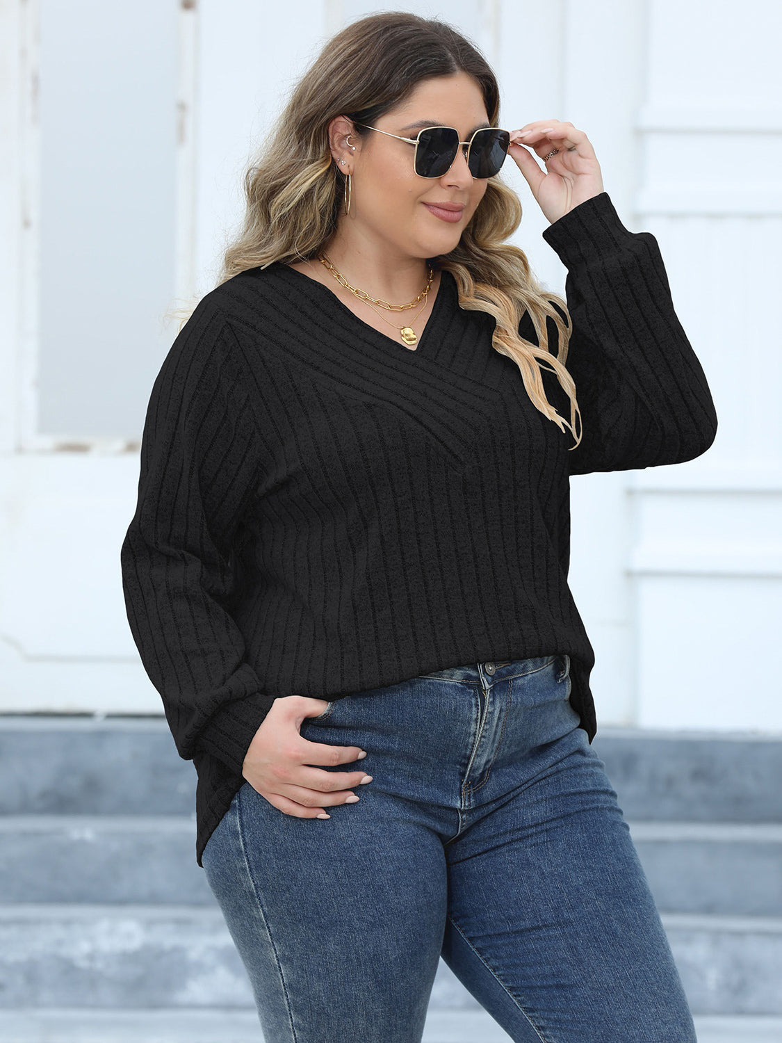 Plus Size Ribbed V-Neck Long Sleeve Top 