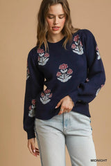 Umgee Floral Knit Sweater with Puff Sleeves 