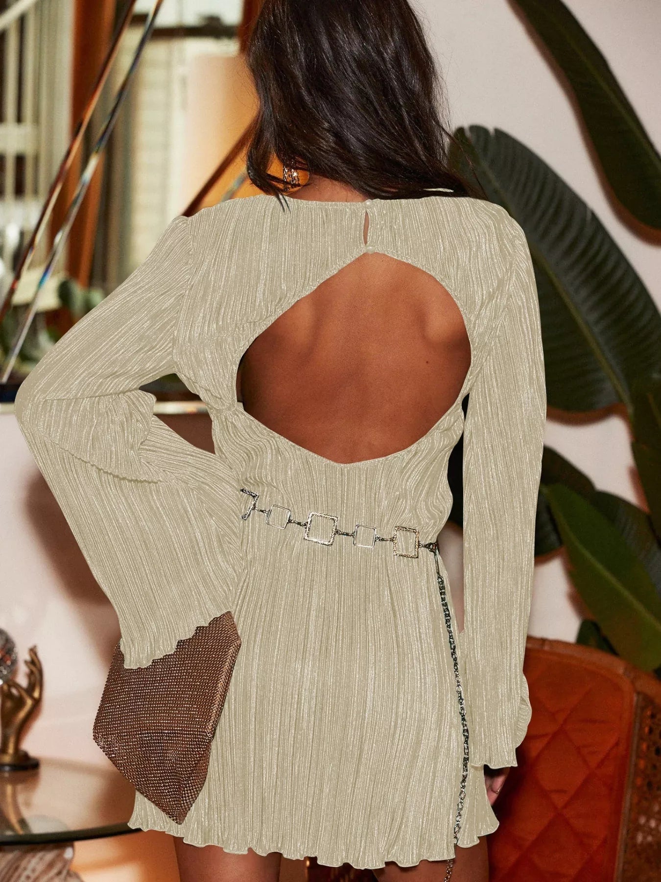 Cutout Back Flare Sleeve Dress 