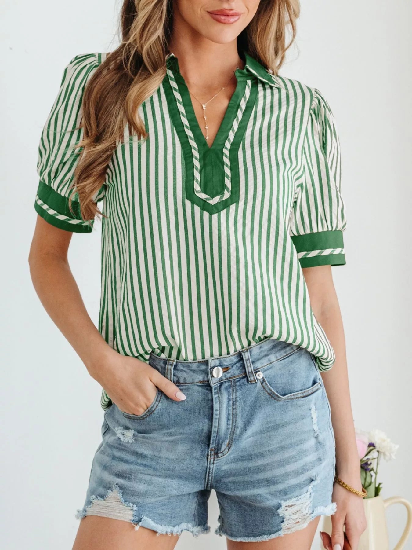 Stripe Collared Split Neck Short Bubble Sleeve Blouse 