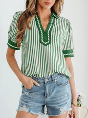 Stripe Collared Split Neck Short Bubble Sleeve Blouse 