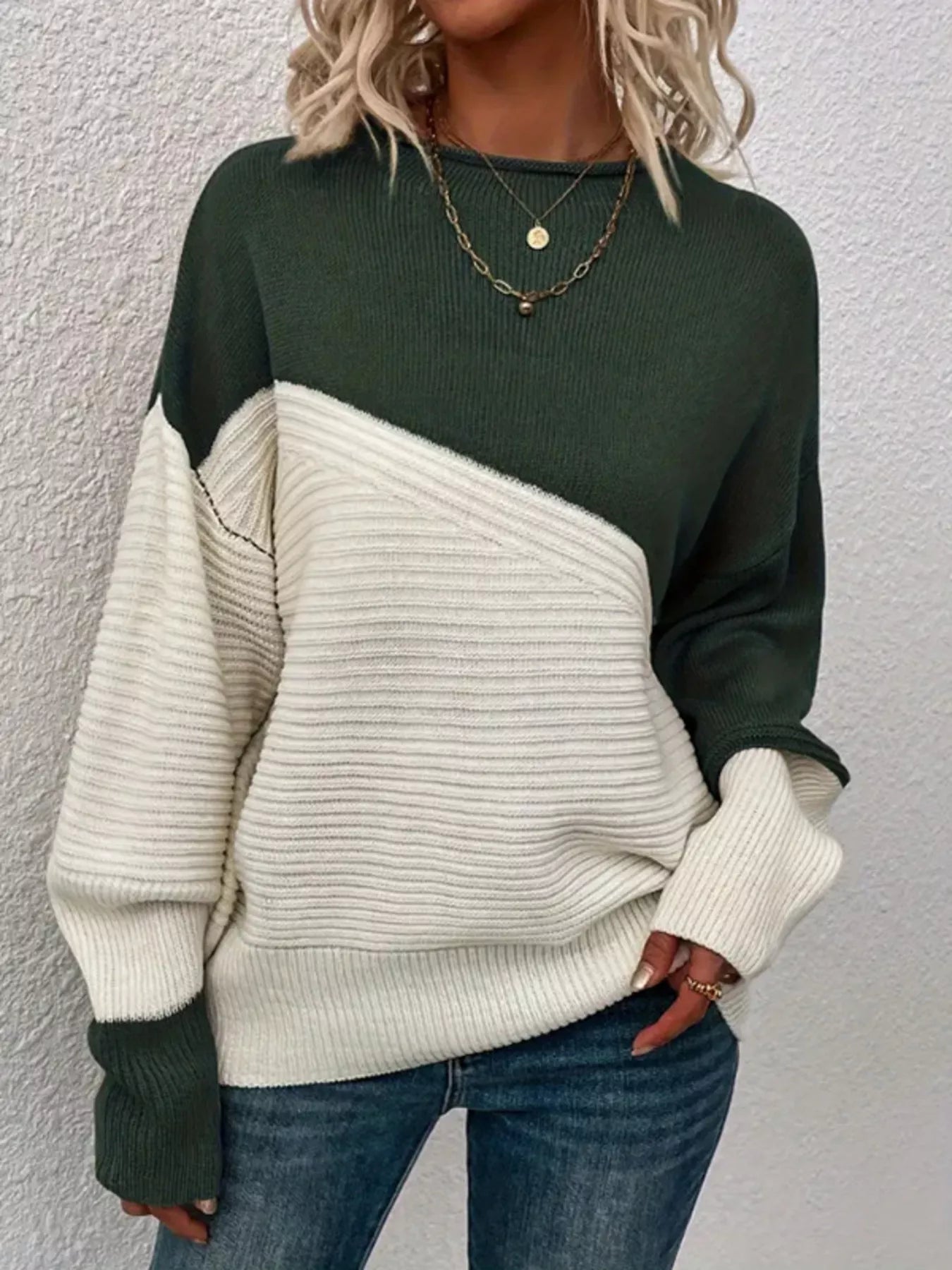 Color Block Ribbed Knit Sweater 