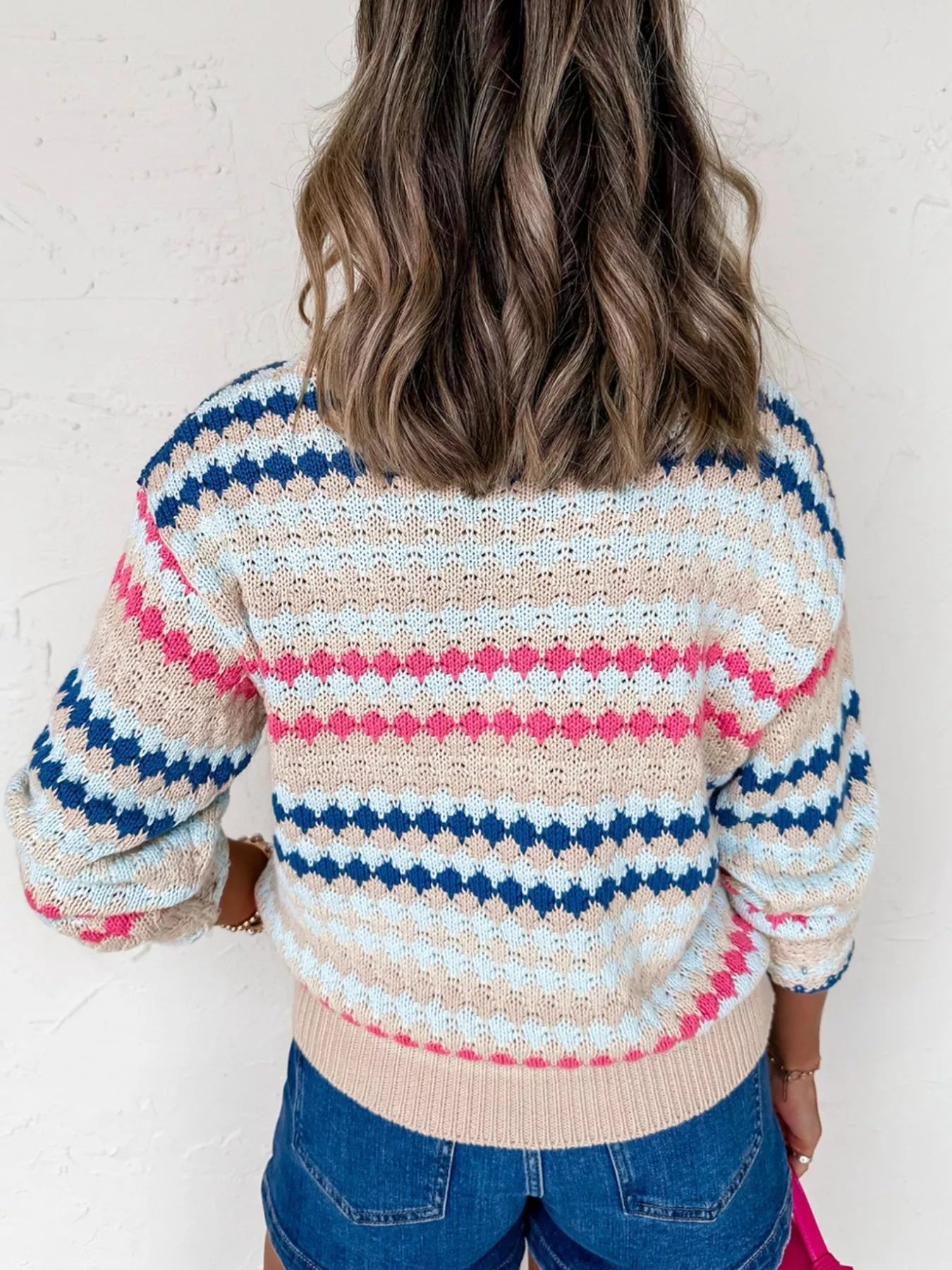 Stripe Eyelet Patterned Drop Shoulder Sweater 