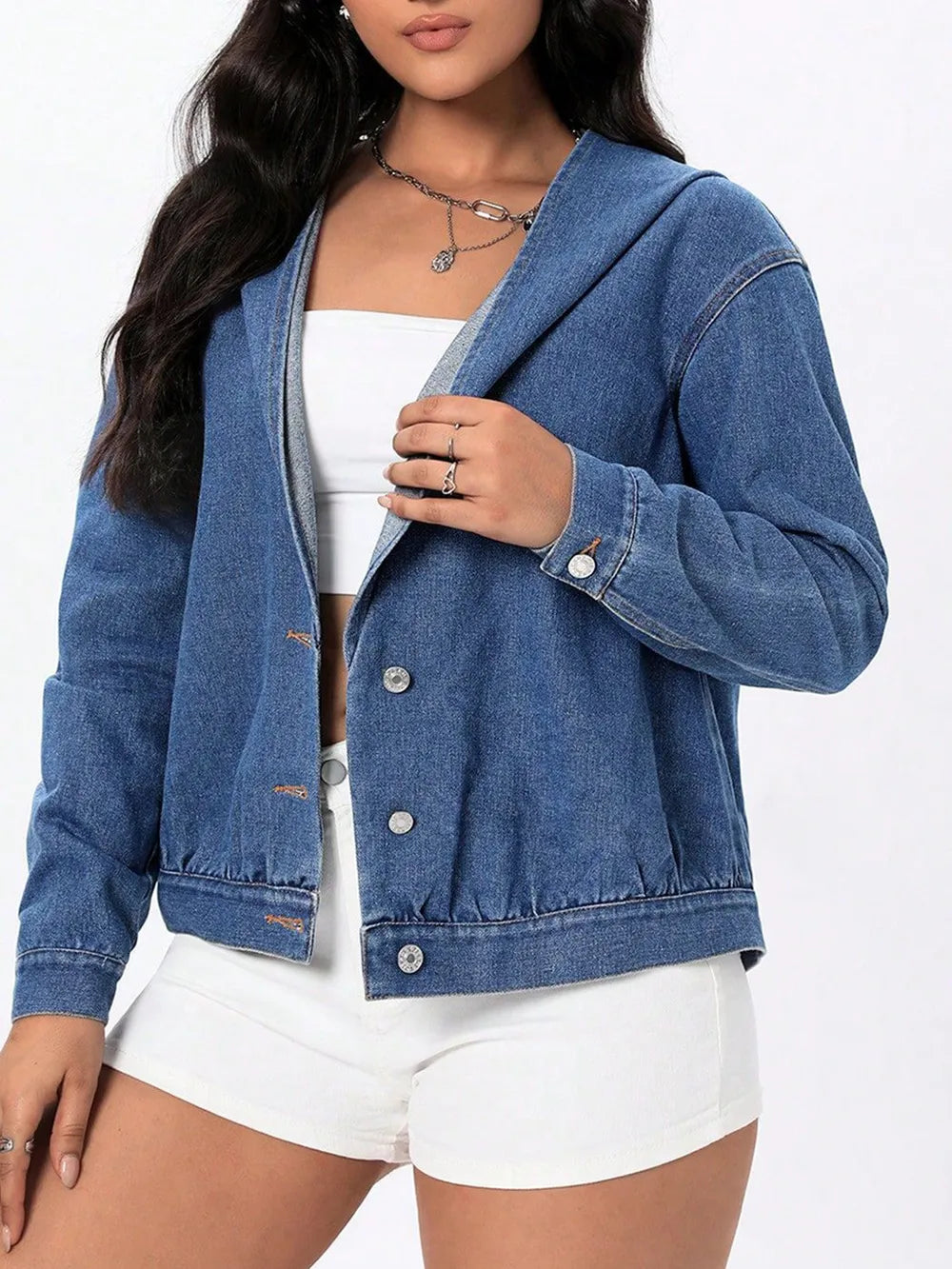 Button Up Hooded Denim Top 