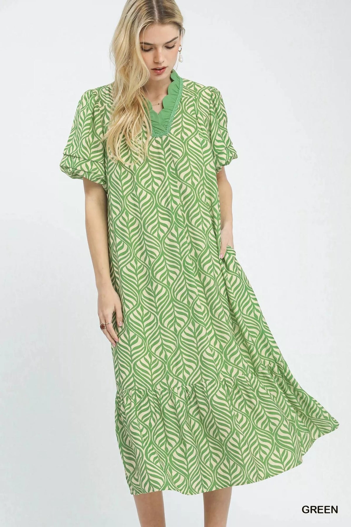 Umgee Leaf Print Ruffle Neck Midi Dress 