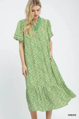 Umgee Leaf Print Ruffle Neck Midi Dress 