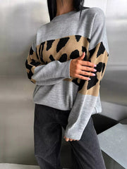 Leopard Color Block Round Neck Sweater 