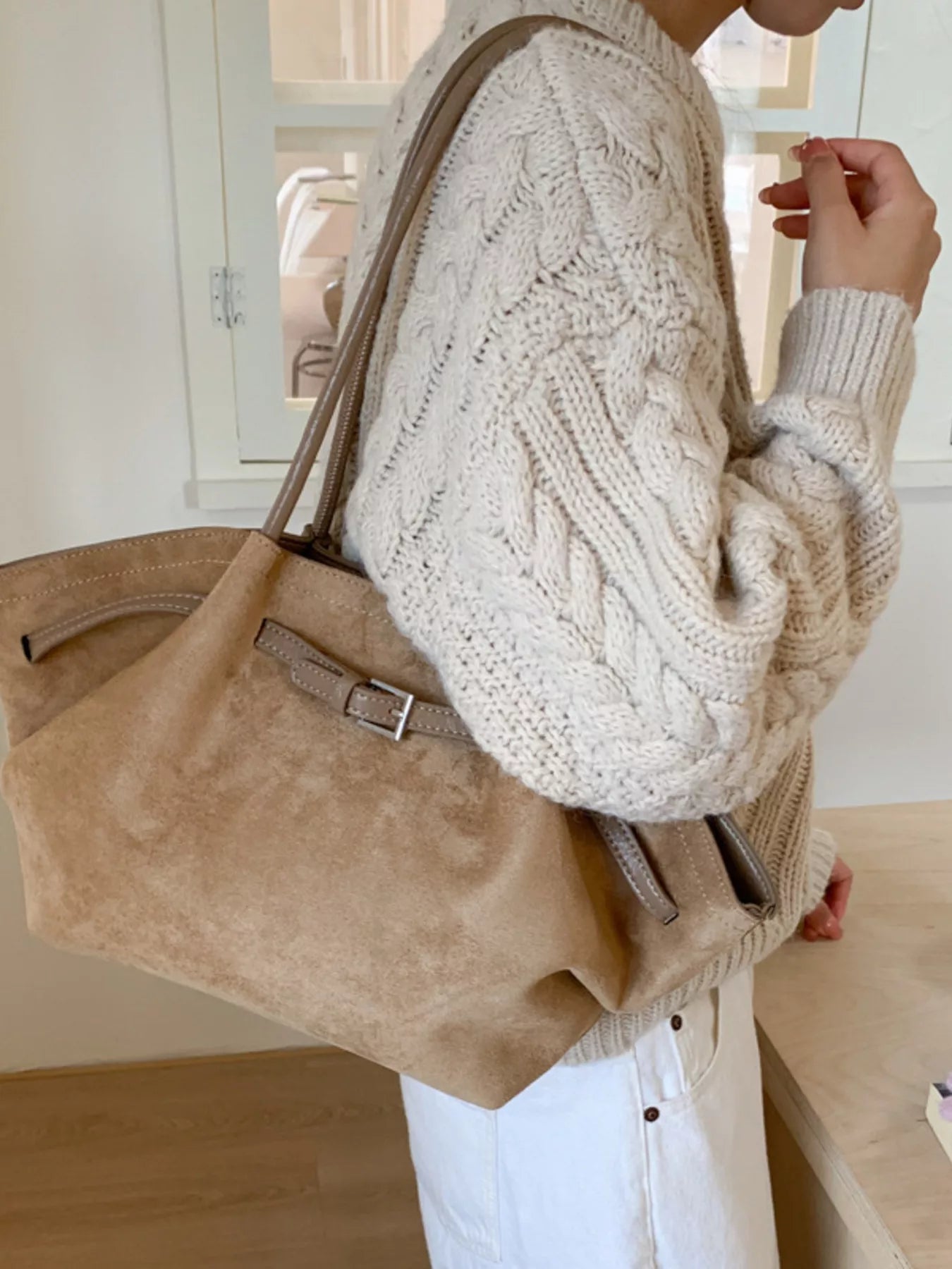 Solid Color Buckle Tote Bag 