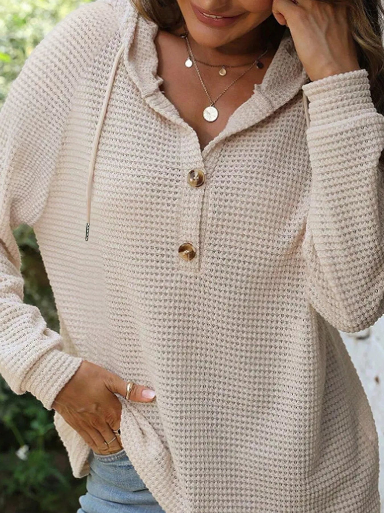 Casual Waffle Knit Button Detail Hoodie 