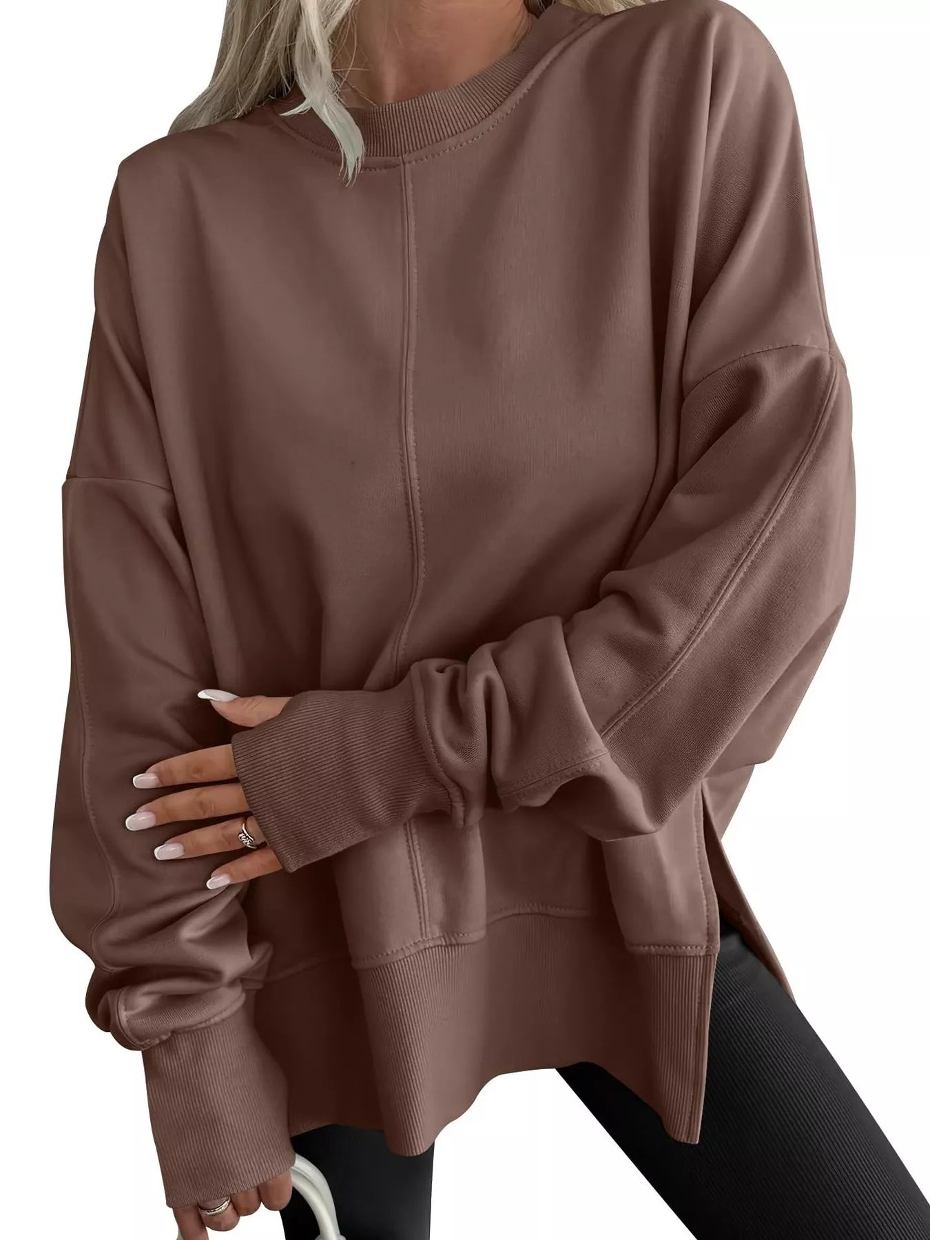 Side Slit Round Neck Long Sleeve Sweatshirt 