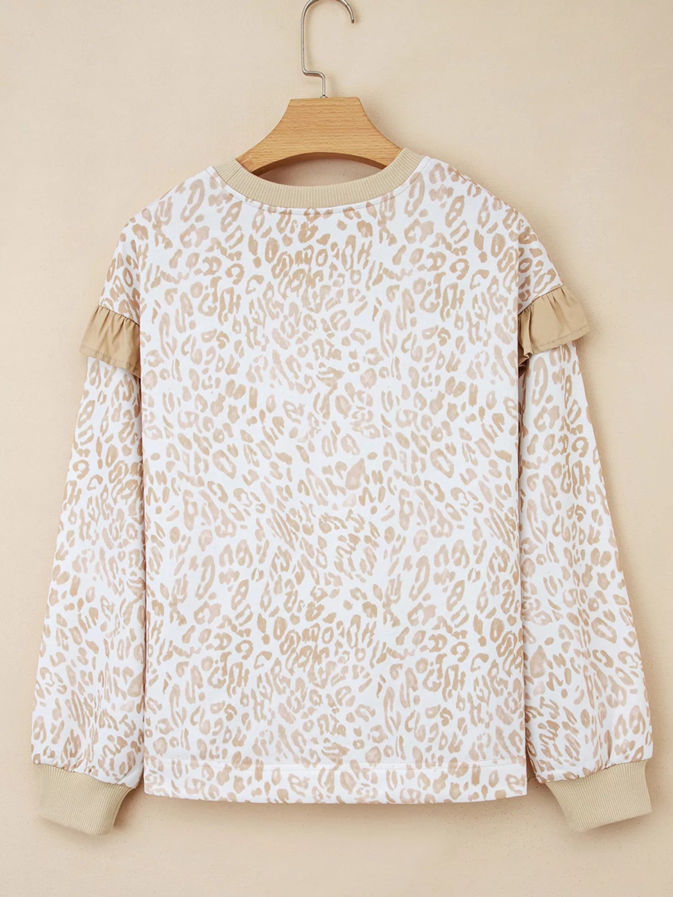 Leopard Ruffle Detail Ribbed Trim Round Neck Sweatshirt 