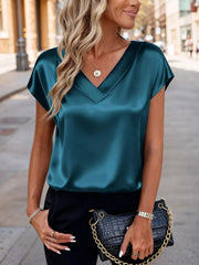 Satin V-Neck Cap Sleeve Blouse 