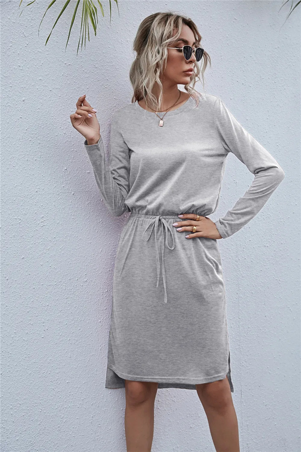 Drawstring Waist Round Neck Long Sleeve Dress 