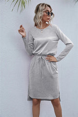Drawstring Waist Round Neck Long Sleeve Dress 