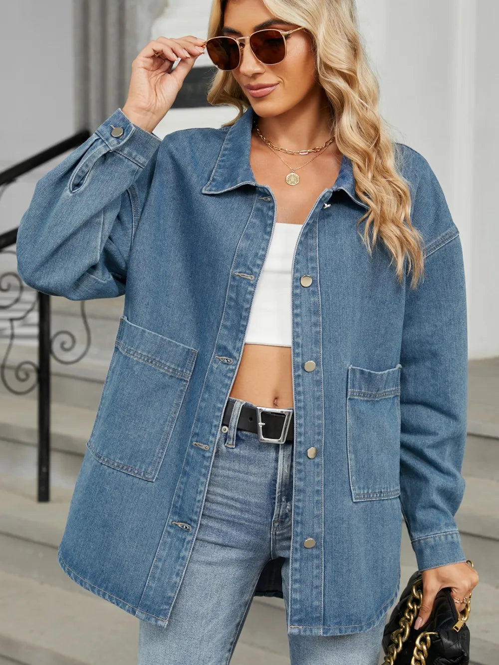Removable Hood Button Up Long Sleeve Denim Jacket 