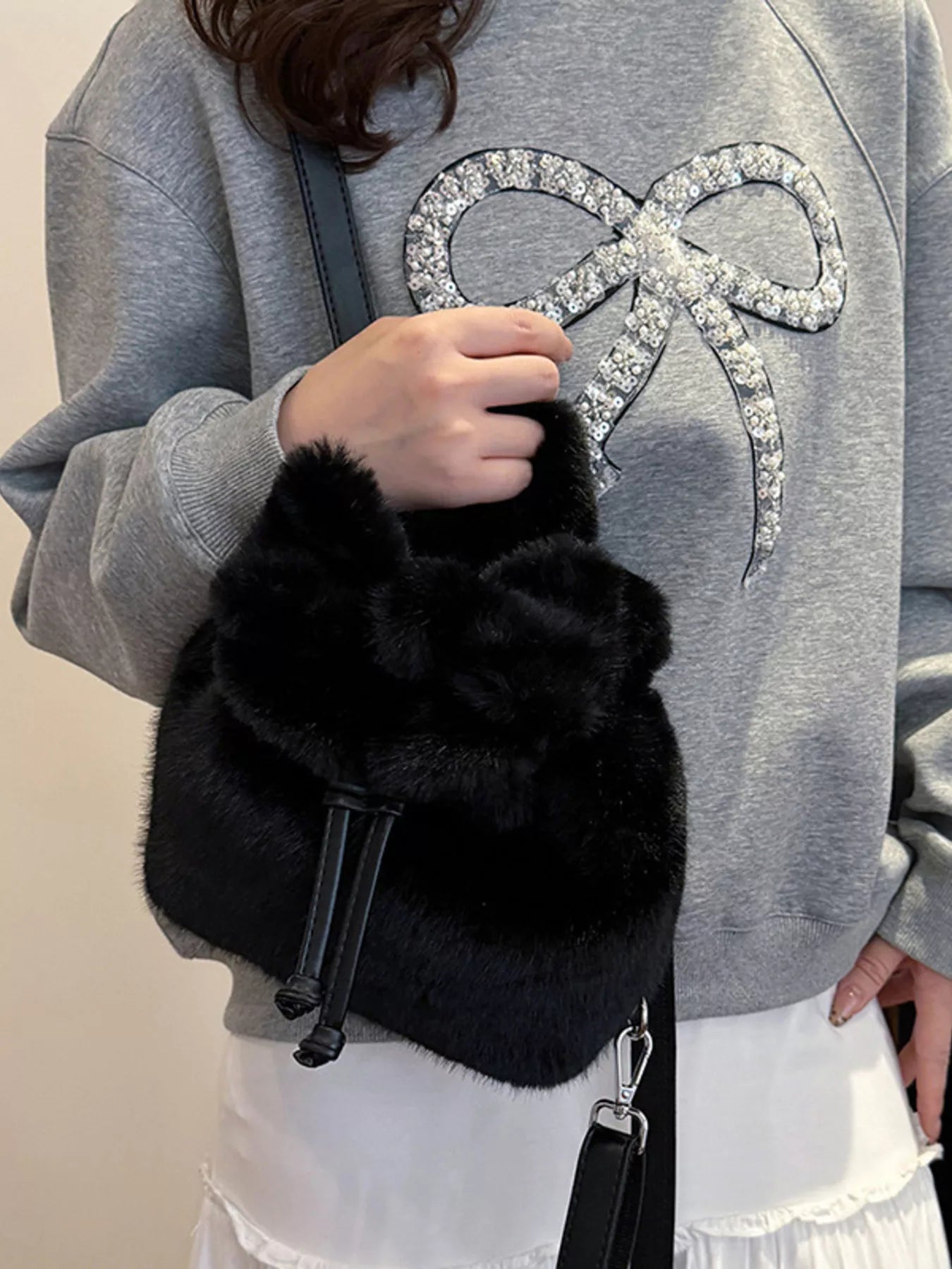 Fuzzy Plush Drawstring Backpack Bag 