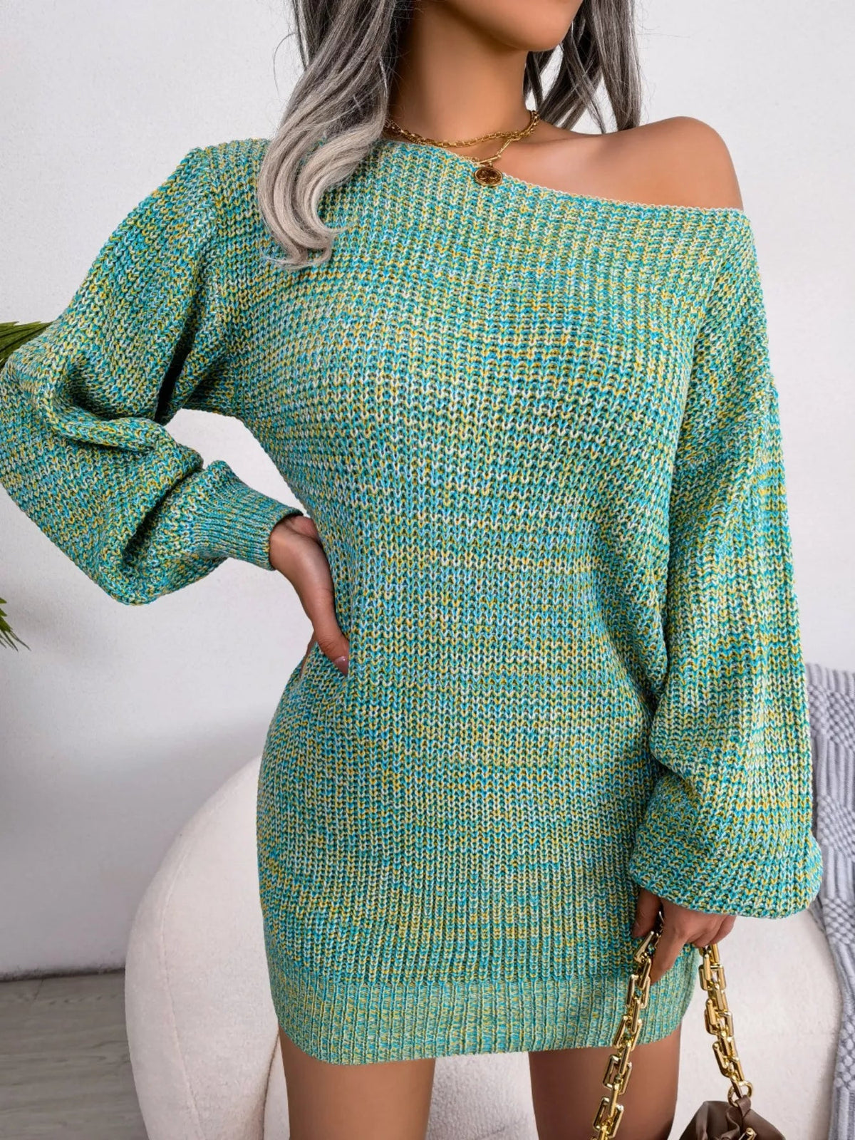 Multi-Color One-Shoulder Sweater Dress 