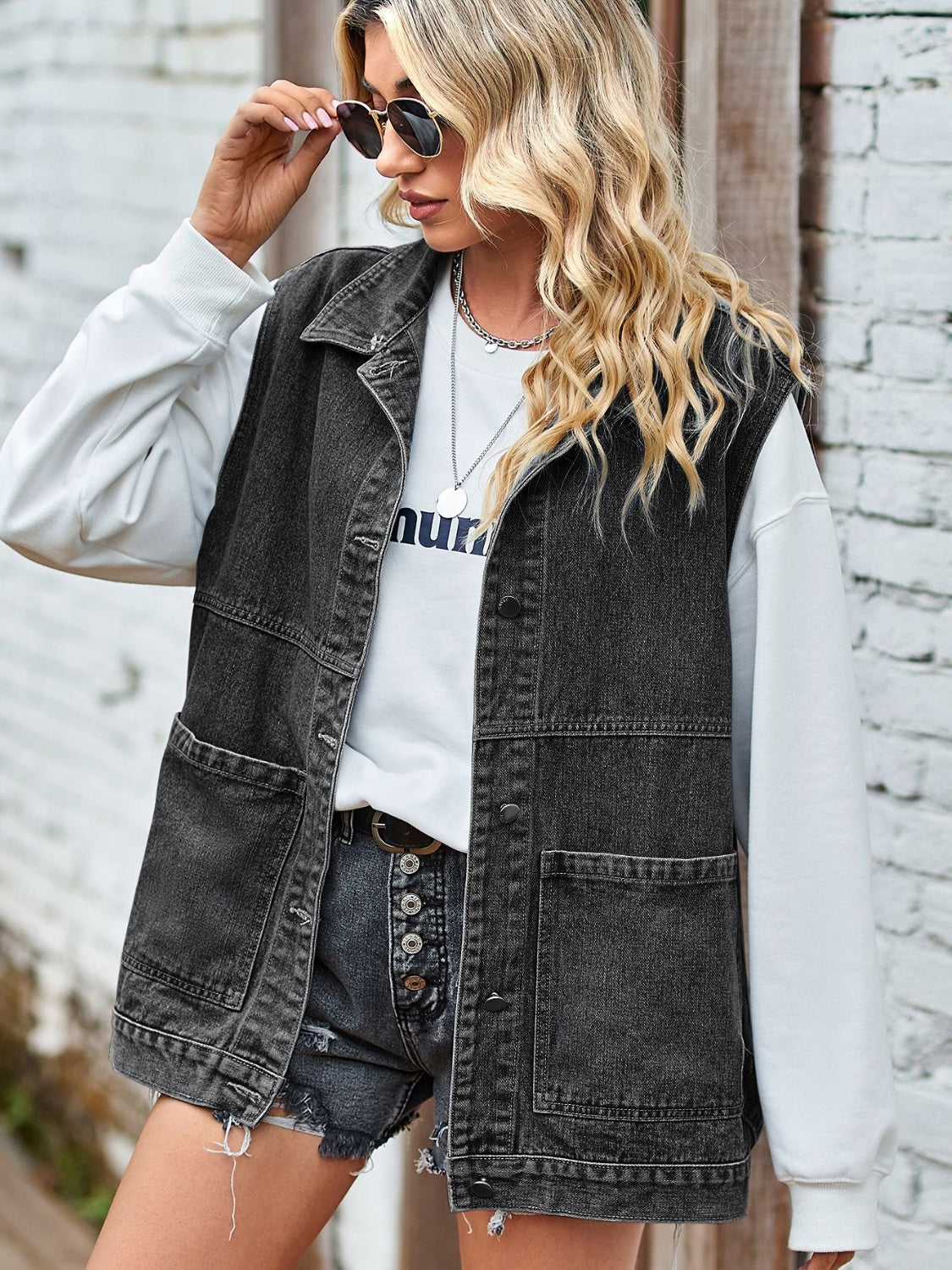Button Front Sleeveless Denim Jacket 