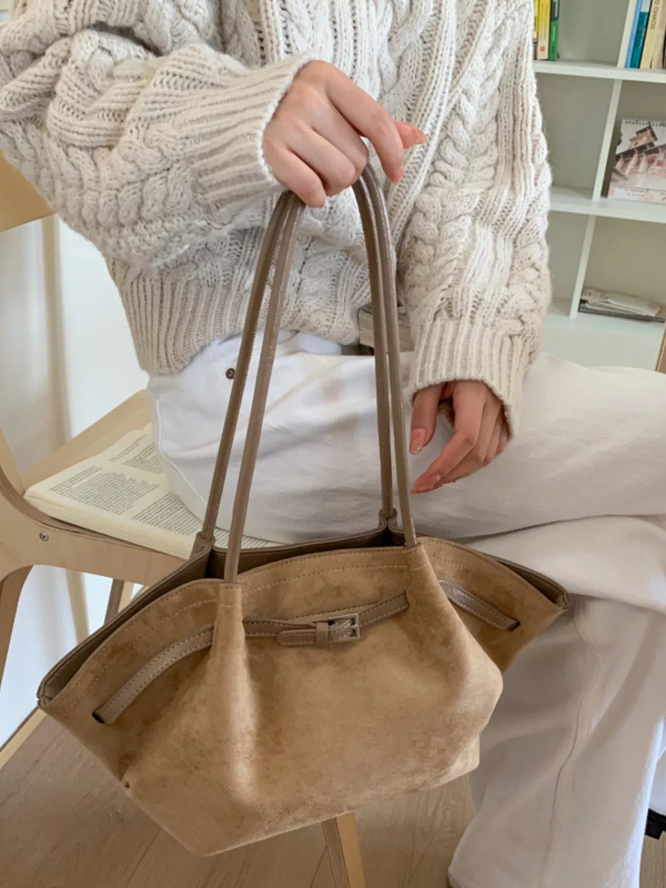 Solid Color Buckle Tote Bag 