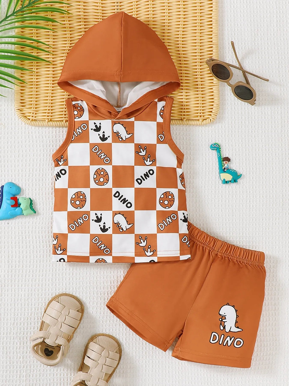 Children's Dinosaur Checkered Sleeveless Hooded Top and Shorts Set 
