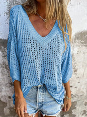 Full Size Openwork V-Neck Knit Cover Up Plus Size 