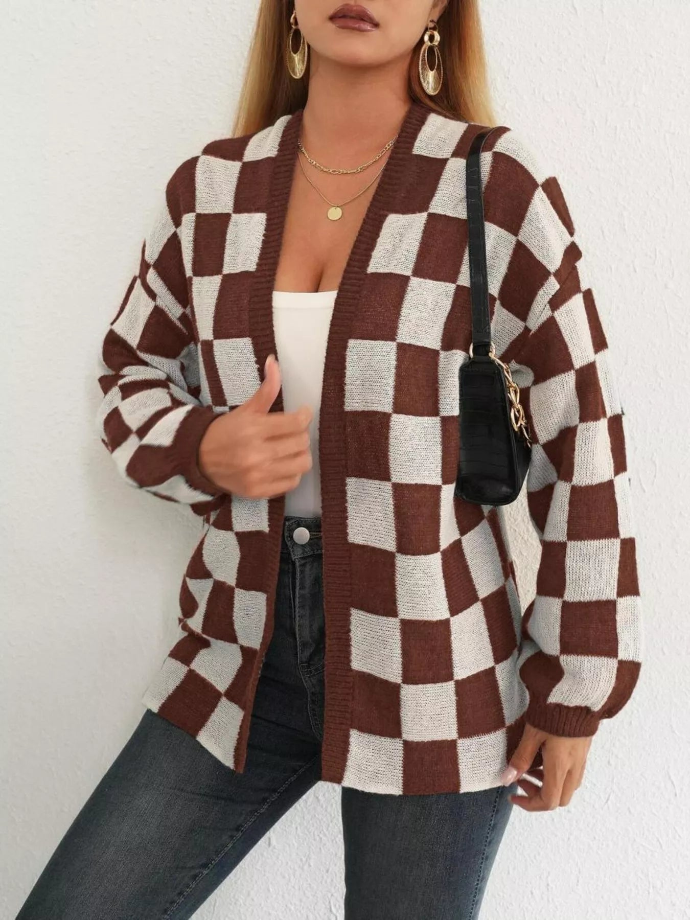 Checkerboard Pattern Open Front Knit Cardigan 