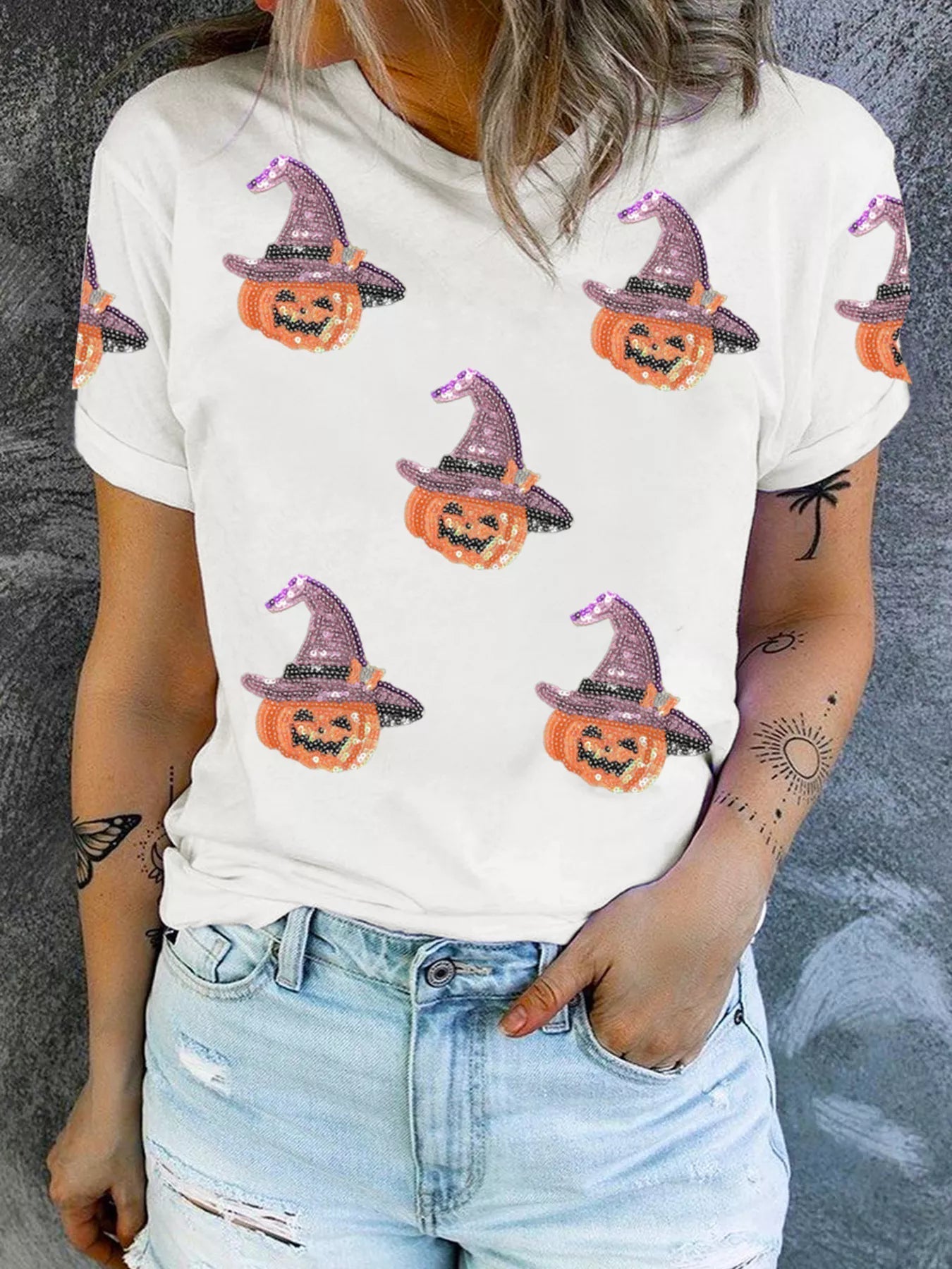 Sequin Pumpkin Witch Halloween Tee 