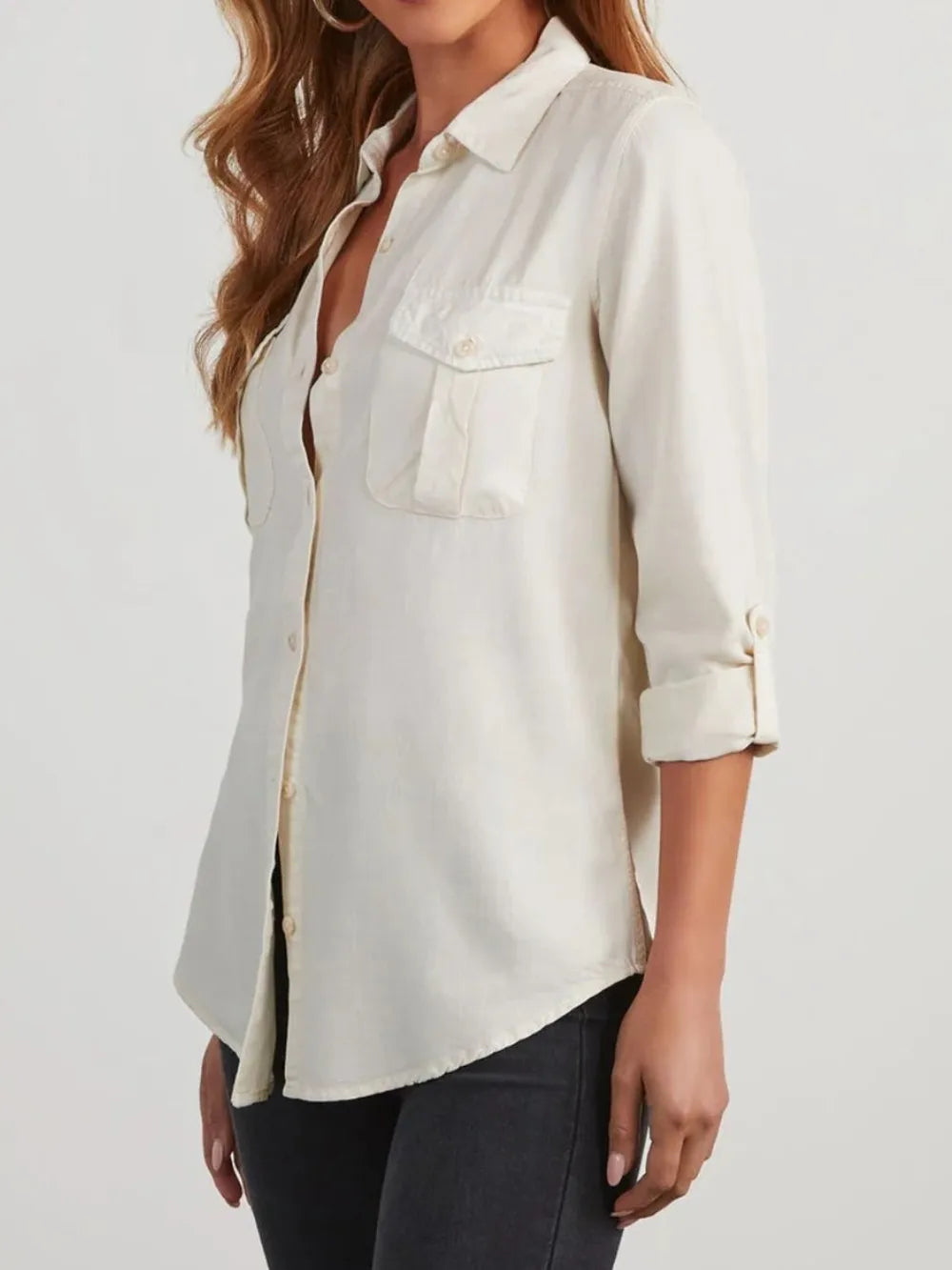 Collared Neck Roll-Tab Sleeve Denim Top 