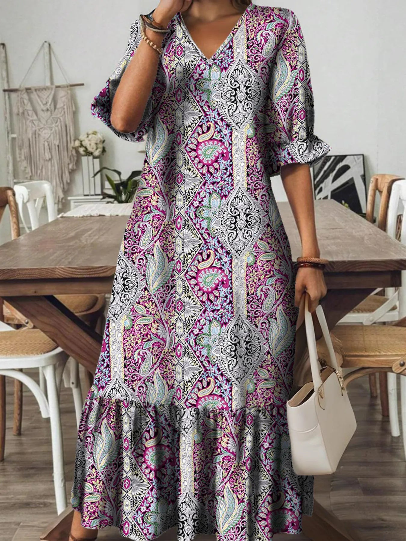 Full Size Bohemian Paisley Print V-Neck Midi Dress Plus Size 