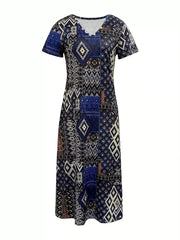 Plus Size Geometric Print V-Neck Short Sleeve Dress 