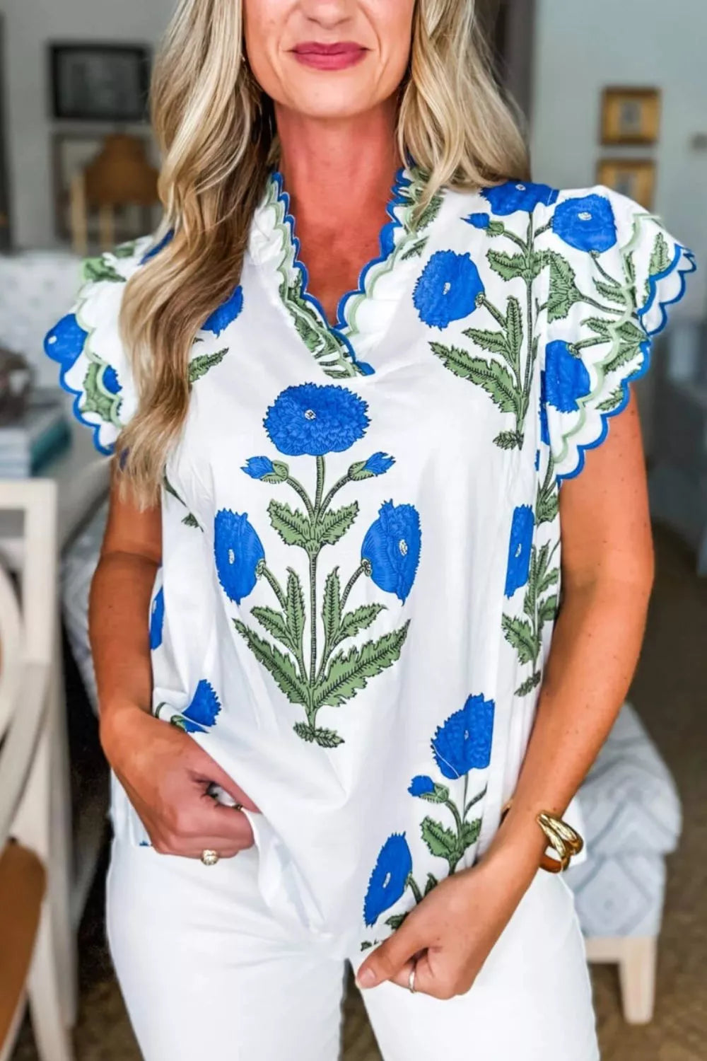 Contrast Scallop Trim Layered Short Sleeve V Neck Blouse 
