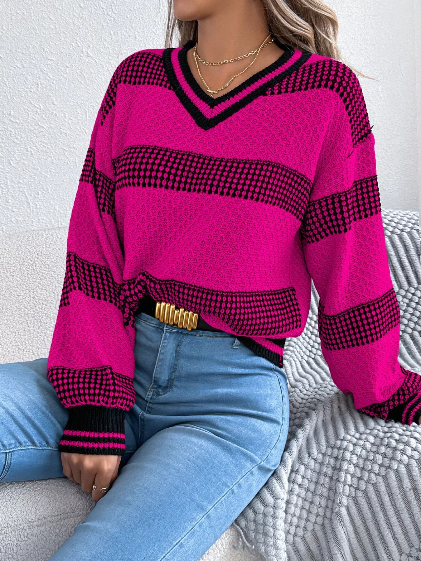 Contrast Striped V-Neck Sweater 