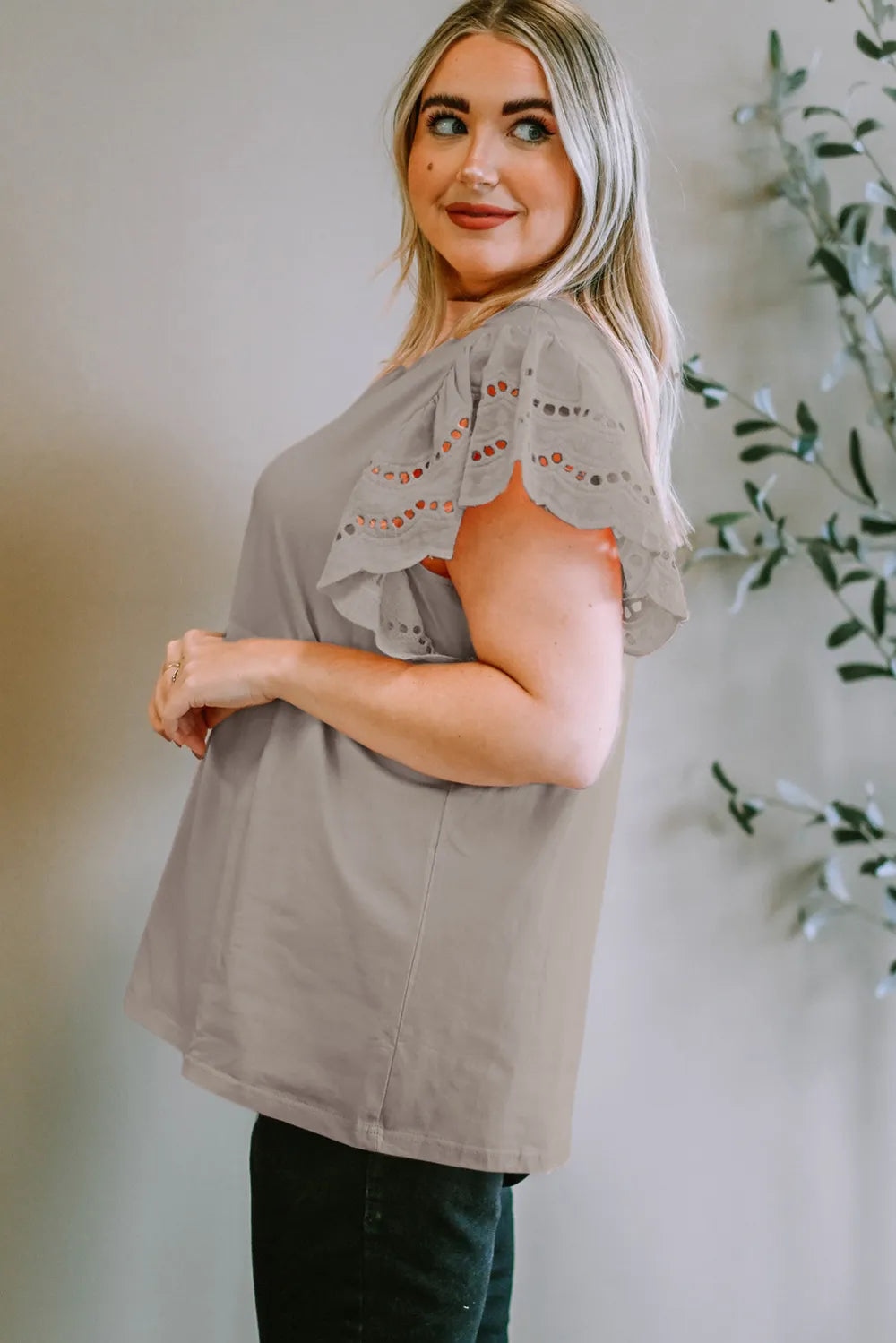 Plus Size Eyelet Round Neck Short Sleeve Blouse 