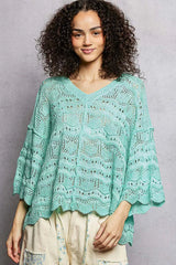 POL Drop Shoulder V-Neck Knit Top with Scalloped Hem 