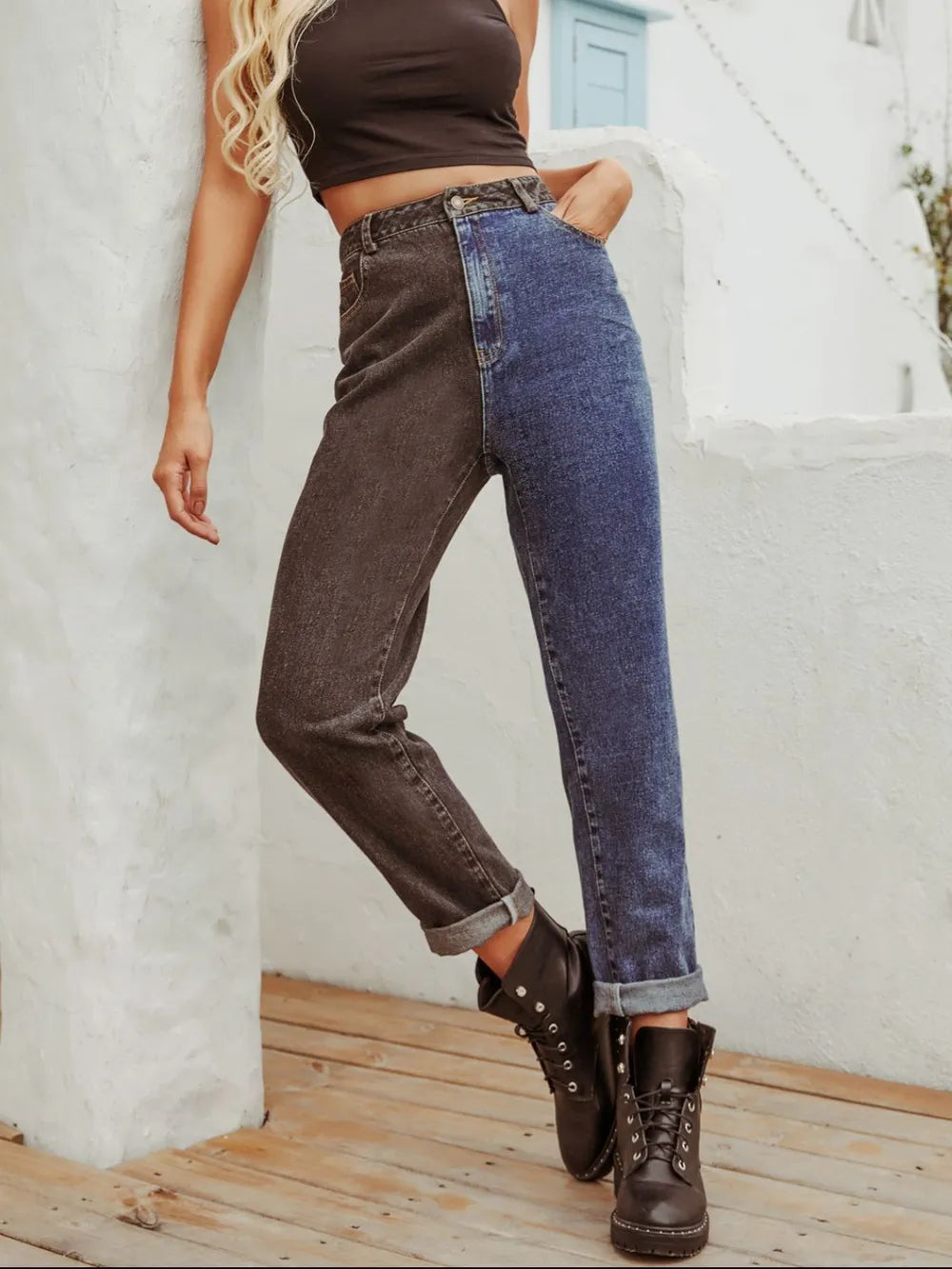 Two Tone Straight Leg Jeans 