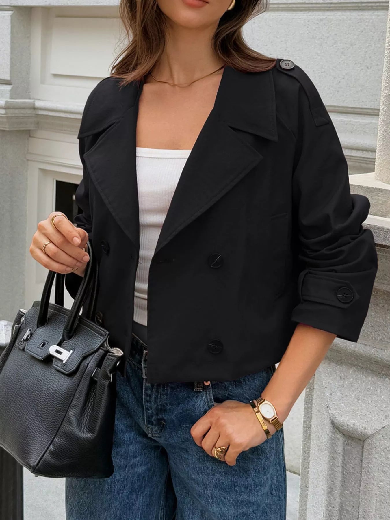 Cropped Double-Breasted Raglan Sleeve Jacket 