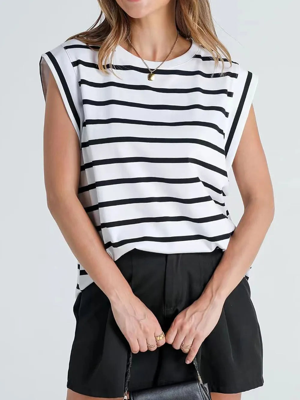 Striped Round Neck Cap Sleeve T-Shirt 
