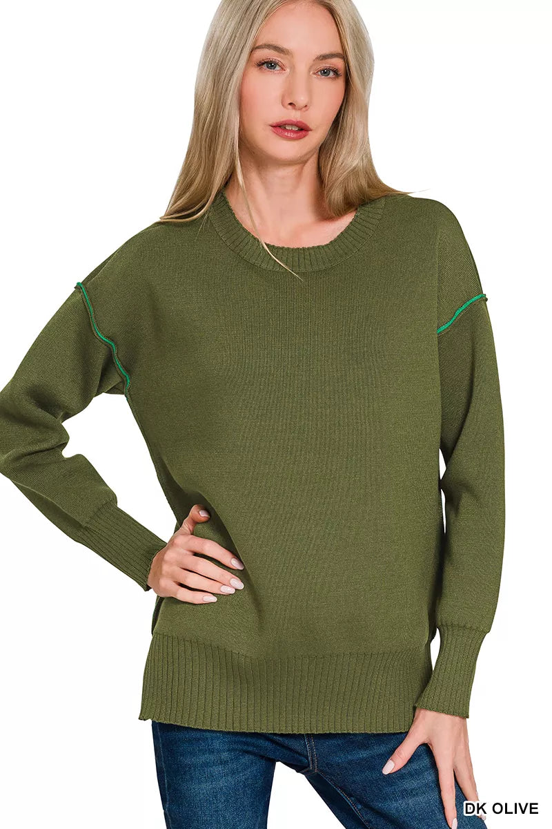 Zenana Round Neck Contrast Trim Sweater 