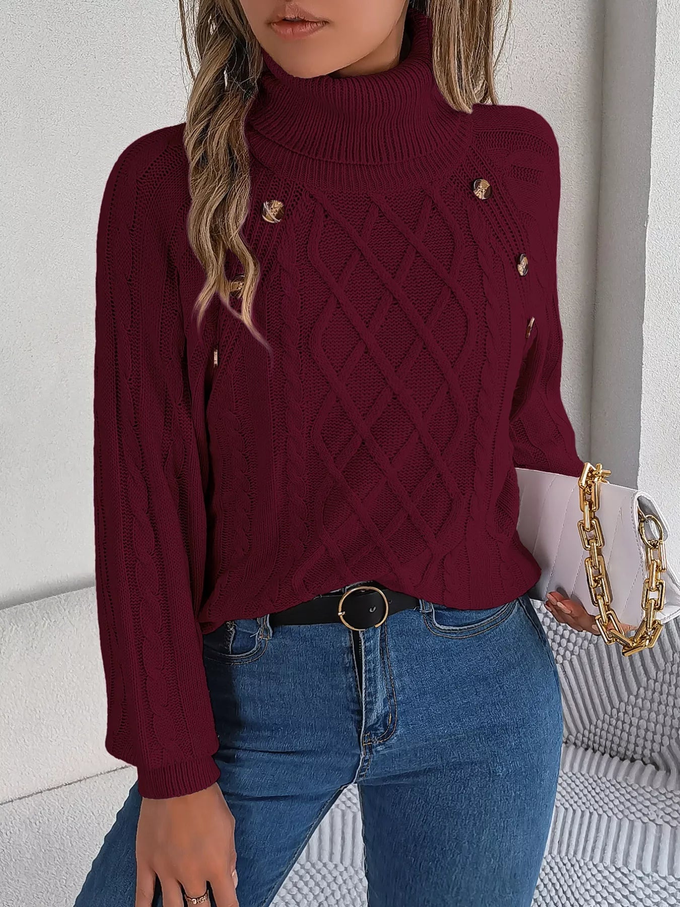 Cable Knit Turtleneck Long Sleeve Sweater 