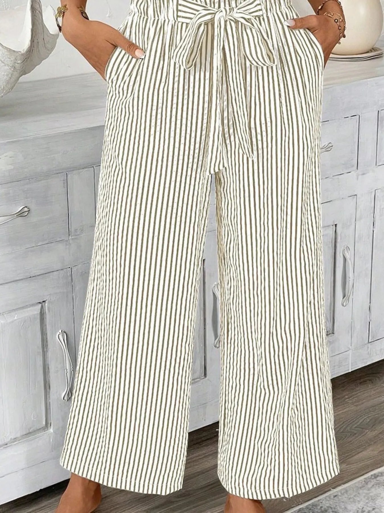 Full Size Striped Wide Leg Paper Bag Pants Plus Size 