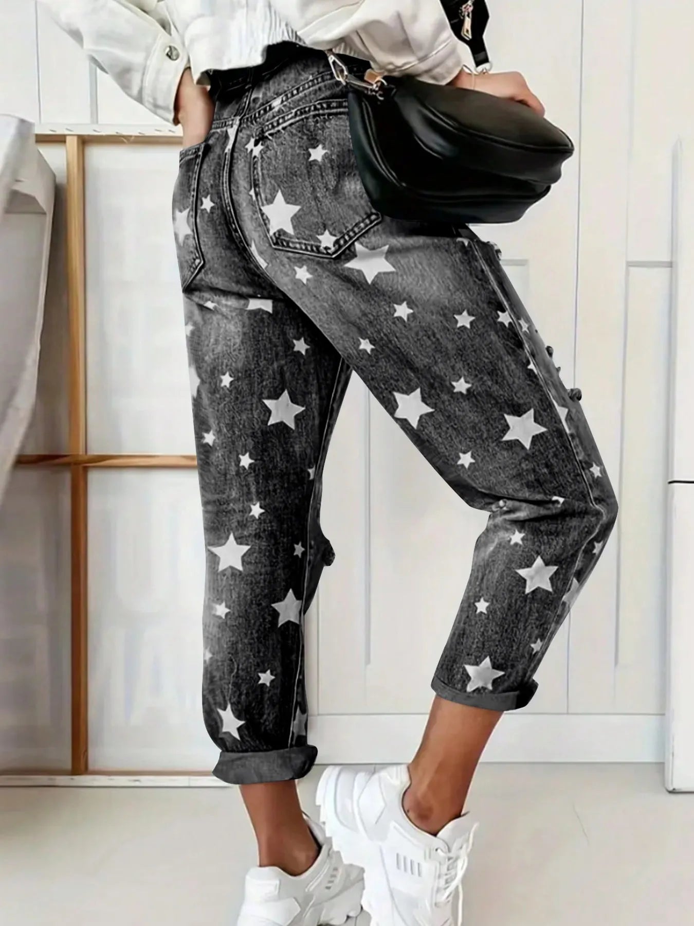 Star Print Distressed High Waist Boyfriend Jeans 