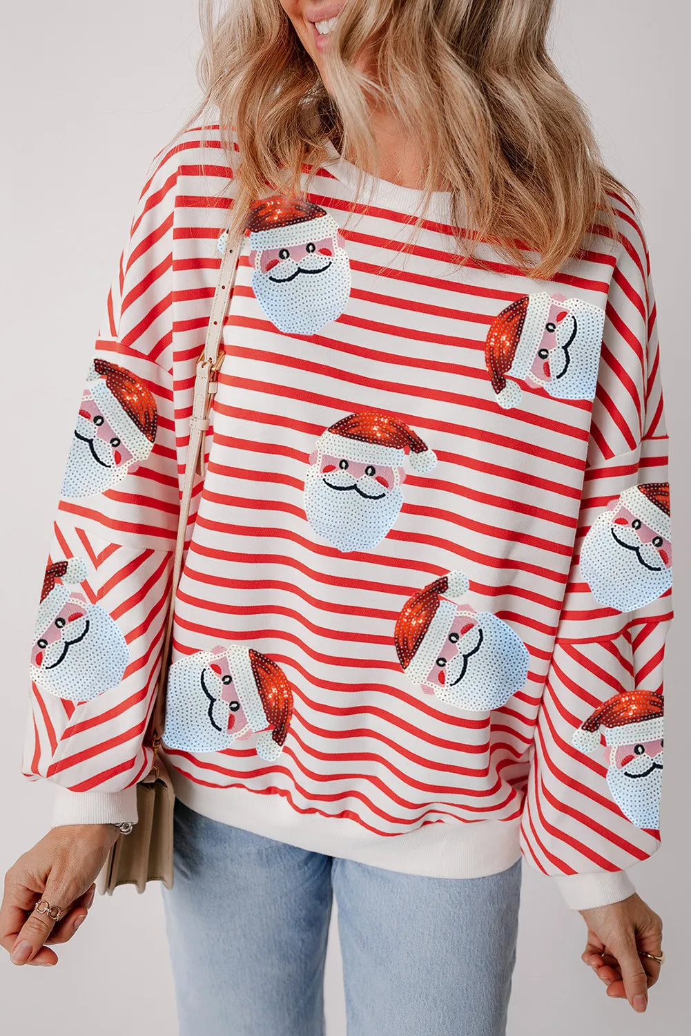 Sequin Santa Striped Round Neck Long Sleeve Sweatshirt 