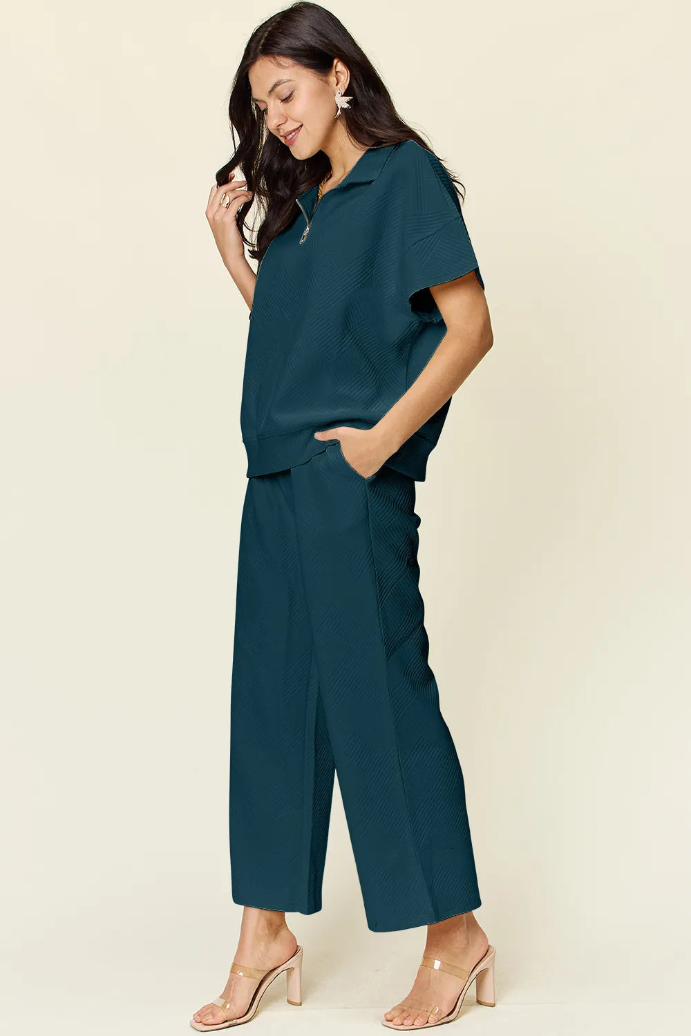 Double Take Full Size Texture Half Zip Short Sleeve Top and Pants Set 
