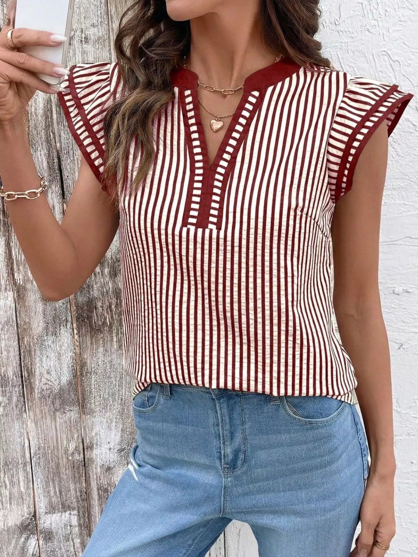 Striped Ruffle Sleeve Blouse 