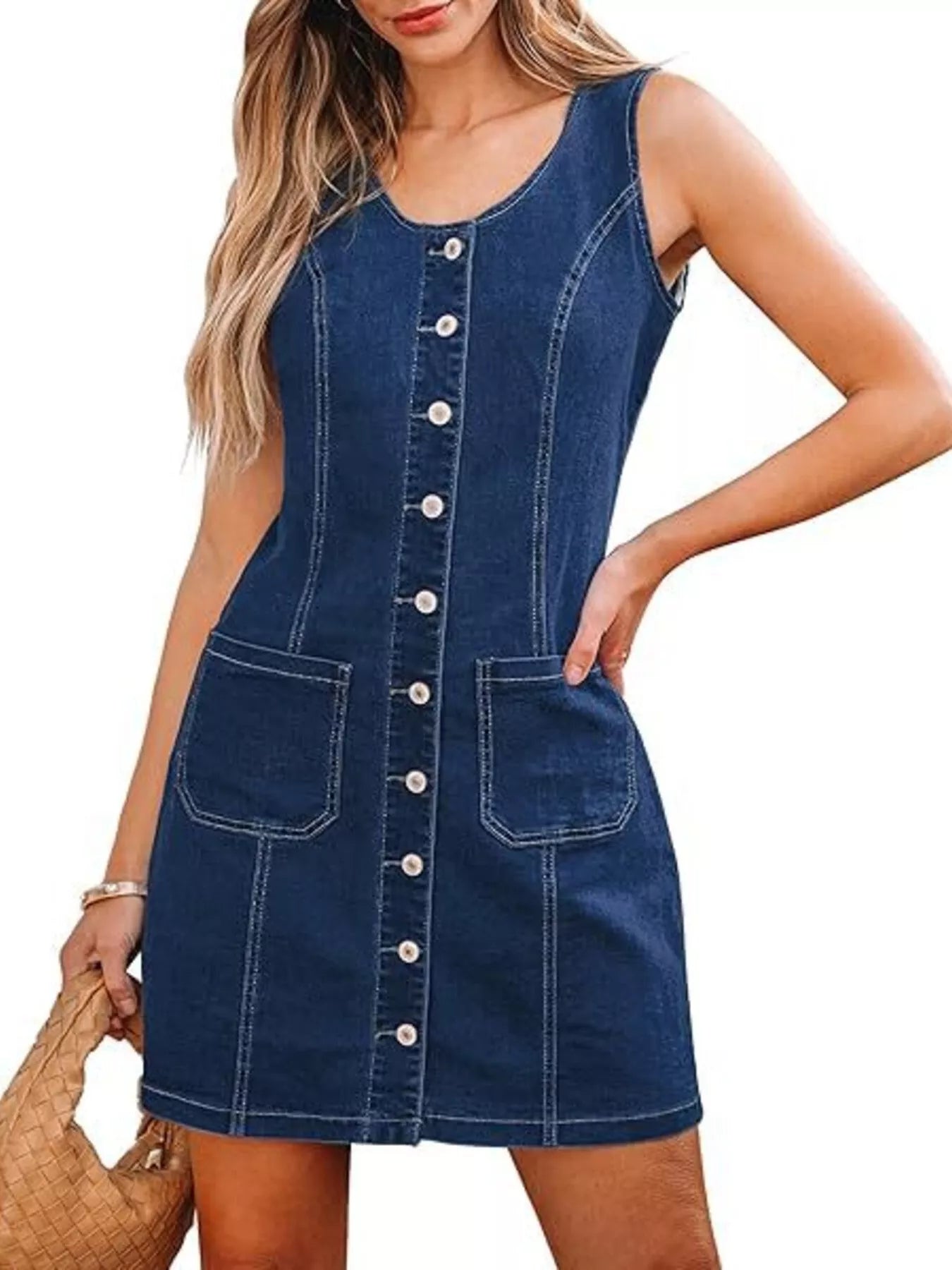 Button-Front Sleeveless Denim Dress 