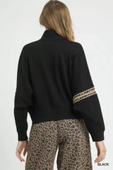 Umgee Zipper Up Cropped Jacket with Leopard Trim 