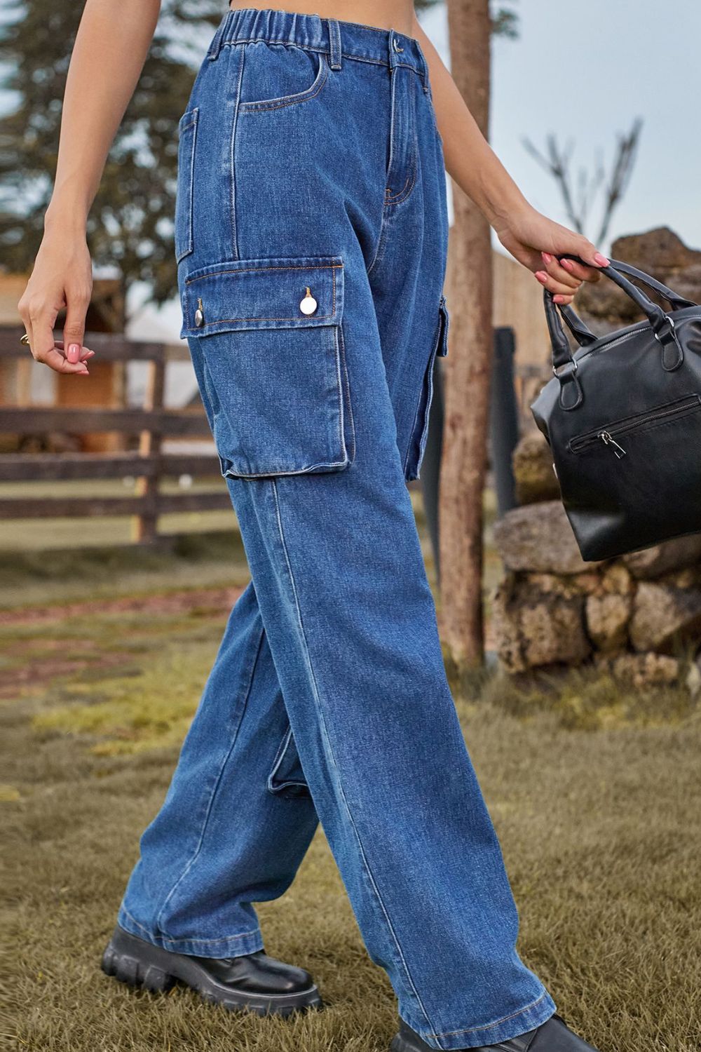 Loose Fit Long Jeans with Pockets 