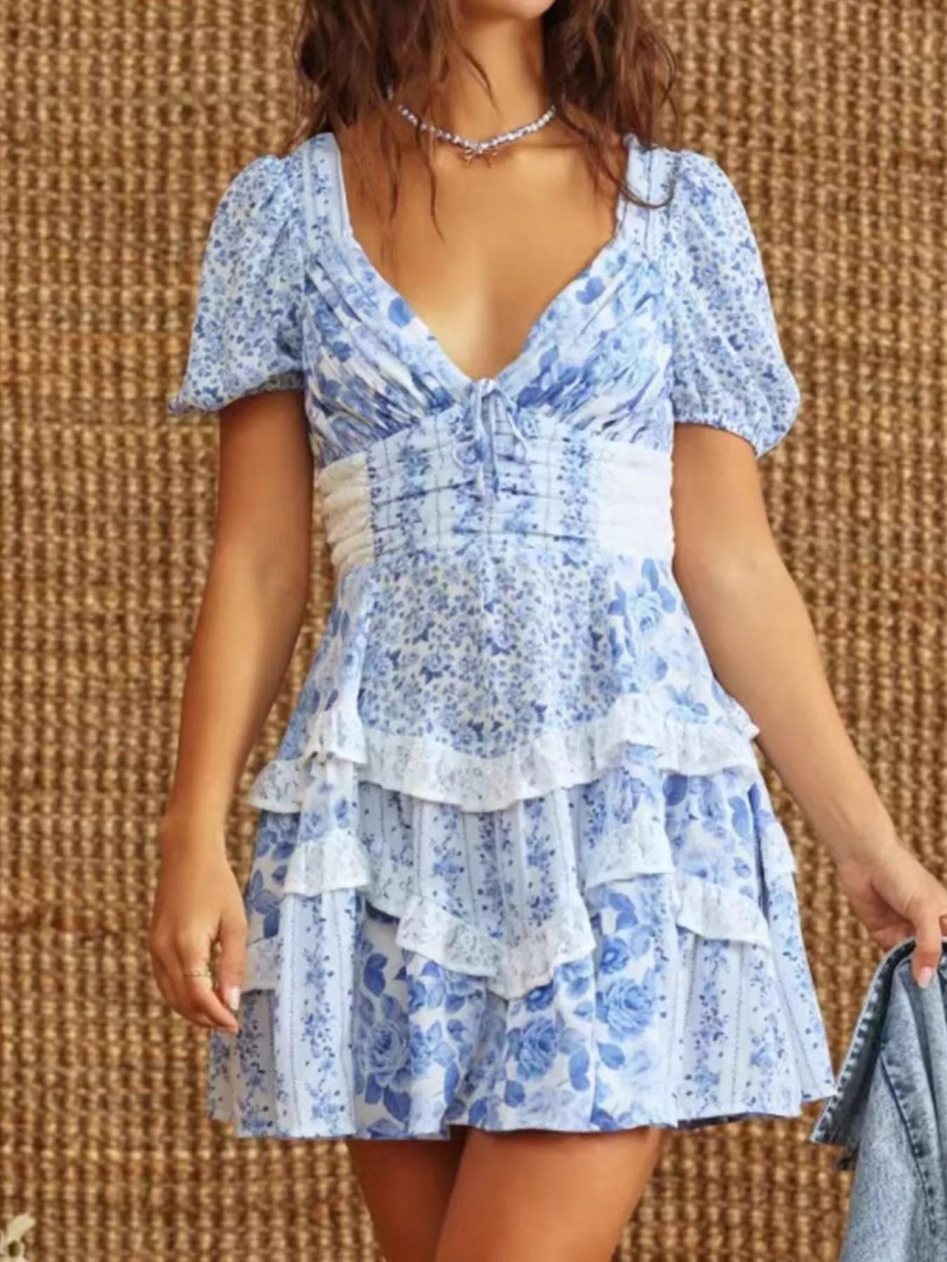 Floral Puff Sleeve Tiered Mini Dress 